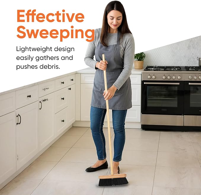 Superio Kitchen Broom Premium Black Tampico Bristles, Wood USA Handle, Heavy Duty Household Broom - Easy Swiping Dust and Wisp, Home, Kitchen Bedroom, Lobby, Floors and Corners