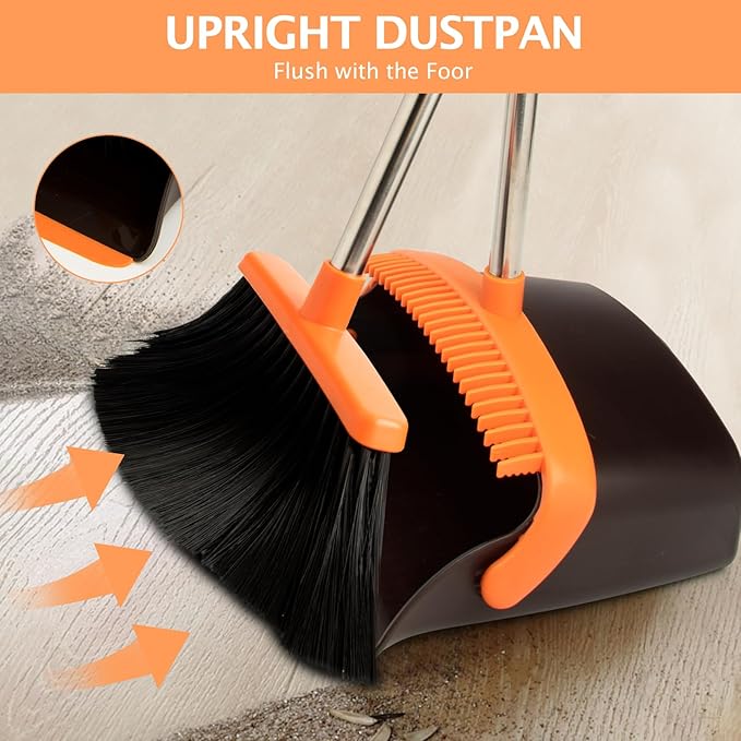 Broom and Dustpan Set,Dustpans with Broom Combo for Home,Heavy Dust Broom and Dustpan Combo,Long Handle Dust Pan and Broom Set for Kitchen Office,Pet Hair(Brown Orange)
