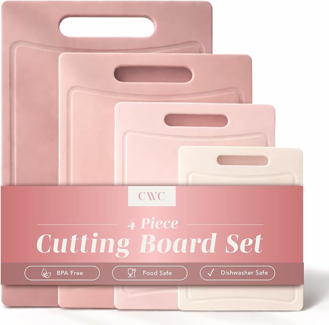 COOK WITH COLOR Non-Slip Cutting Board Set – Kitchen Essentials with Easy Grip Handle for Meat, Veggies, and Fruits, 4 Cutting Boards, Pink