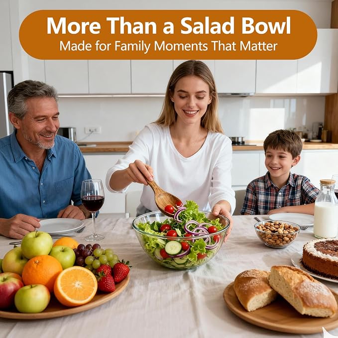 4.8QT Glass Salad Bowl Set, Lid Doubles as Charcuterie Board | 5-Piece Set, Utensils Included, Microwave Safe Glass, Dishwasher Safe, Airtight Lid, Perfect for Potlucks & Gifting