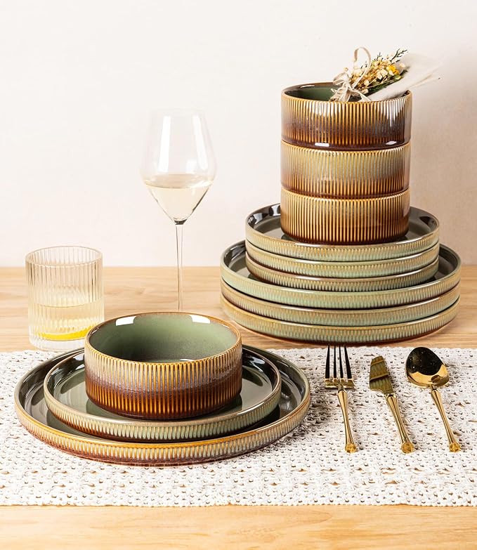 TheTerra Ceramic Dinnerware Sets with Pasta Bowls for 4, 16 Pieces Porcelain Lightweight Plates and Bowls Sets, Scratch Resistant Dish Set, Oven & Microwave & Dishwasher Safe, Sage Umber