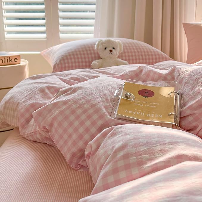 mixinni Light Pink Gingham Duvet Cover Set Full Size - 100% Washed Cotton 3 Piece Plaid Checkered Bedding Set, Soft Comfy Grid Farmhouse Comforter Cover with Zipper Closure & Corner Ties