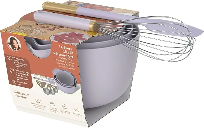 14 Piece Mixing Bowl and Measuring Set, Nesting Kitchen Prep Set with Measuring Cups Spoons Whisk Spatula, BPA Free Dishwasher Safe Baking Set (Lavender)