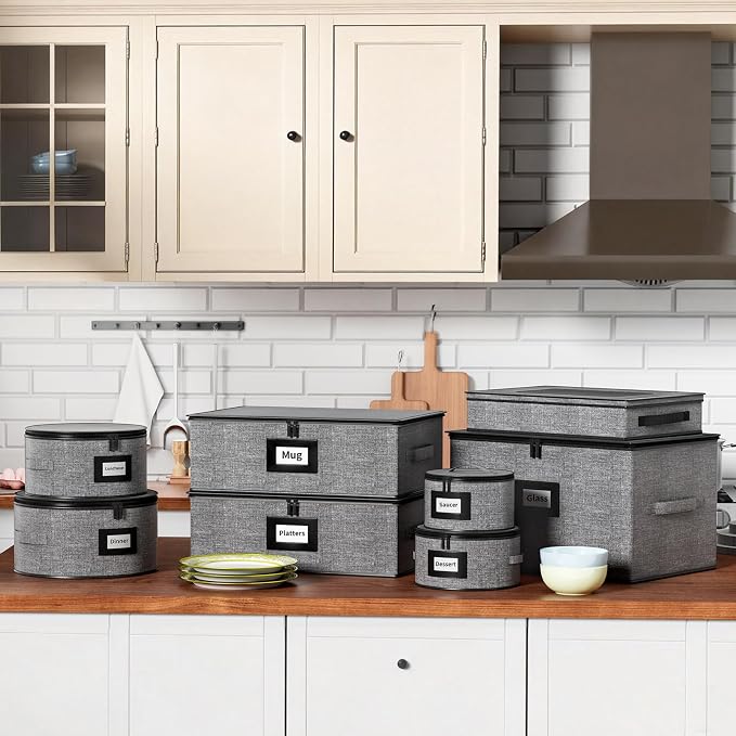 Aokeyee 8-Piece China Storage Containers Set, Hard Shell Moving Boxes for Dishes, Plates, Mugs, Wine Glass & Flatware – Dinnerware Organizer with Soft Felt Dividers, Sturdy Handles & Zippers, Grey