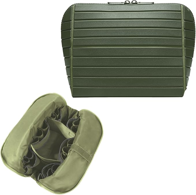 Travel Makeup Organizer Bag with Fold-Down Design and Adjustable Dividers, 27 Pockets & 3 Brush Storage Holders, Large Capacity Cosmetic Bags Toiletry Case - Dark Green