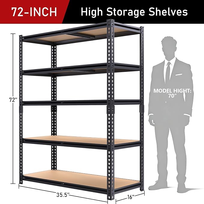 72" H Garage Shelves,Garage Storage Shelves Heavy Duty,2400LBS Heavy Duty Garage Shelving,Adjustable 5 Tier Shelving for Garage Storage,Warehouse,16"x35.5"x72"