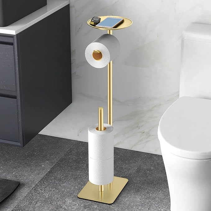 FEILERN Toilet Paper Holder Stand for Bathroom Floor Standing Toilet Roll Dispenser Storages 4 Reserve Rolls, with Top Storage Shelf for Cell Phones, Wipe, Wallet and More(Gold)