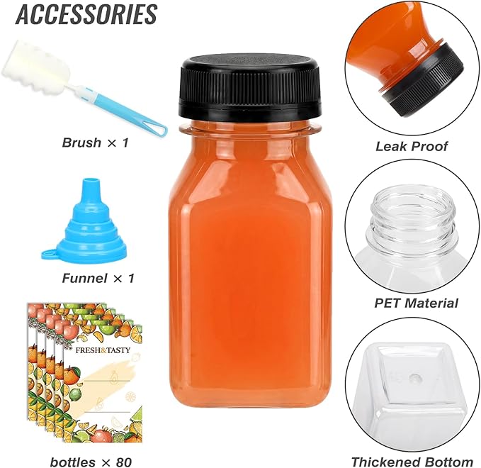 TOMNK 80pcs Juice Bottles with Caps, 4oz Plastic Containers with Lids Empty Reusable Clear Ginger Shots Bottles with Label, Funnel, and Brush Beverage for Juicing, Smoothies, Drinking, Fridge