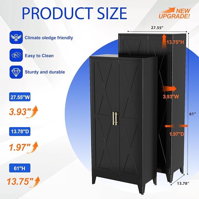 GAIOUS 61" Tall Kitchen Pantry Cabinet,Metal Storage Cabinet Black Cupboard | Steel Office Cabinet, Freestanding Bookcase with 2 Doors and 3 Adjustable Shelves, Bathroom Kitchen Bedroom Garage Cabinet