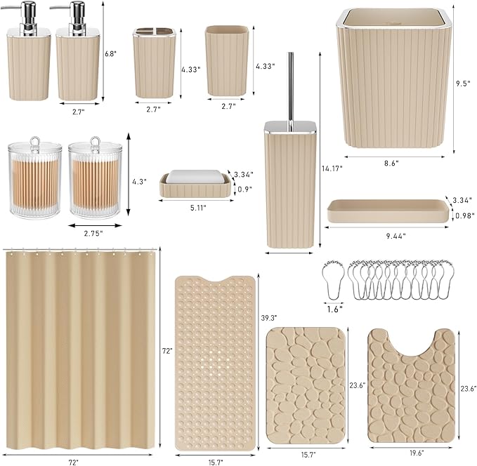 XLHOMO 26PC Bathroom Accessories Set - Gorgeous Bathroom Set, Beige Bathroom Accessory Set, Shower Curtain Set with Bathtub Mats for Shower Tub, Trash Can & Soap Dispenser