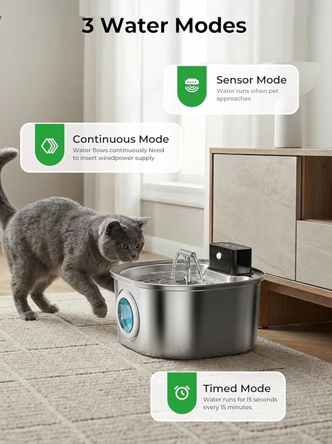 Voluas Stainless Steel Cat Water Fountain, Wireless, 108oz/3.2L, 4Filter | Cordless Design, T-Shaped Dual Water Outlet, Ultra-Quiet Pump, BPA-Free