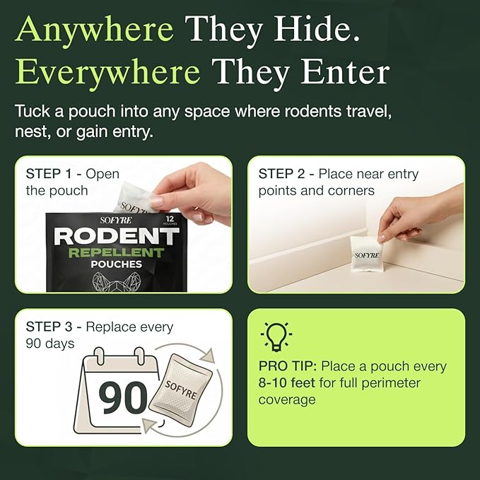 SoFyre Rodent Repellent Pouches 12-Pack Mouse Repellent for Home RV Garage Car Basement, Mice Indoor & Outdoor Deterrent, Peppermint Cinnamon Cedarwood Rat Repellent, Plant-Based Natural Pest Control