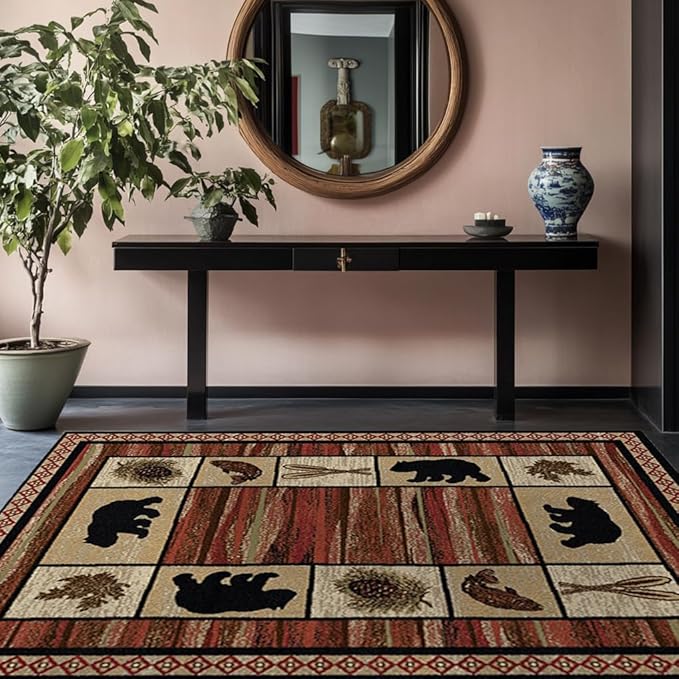 Rustic Cabin Bear Rugs 6ftx9ft Wildlife Fish Plants Print Area Rug for Living Room Bedroom Entrance Non-Slip Lodge Bear Indoor Decorative Carpet