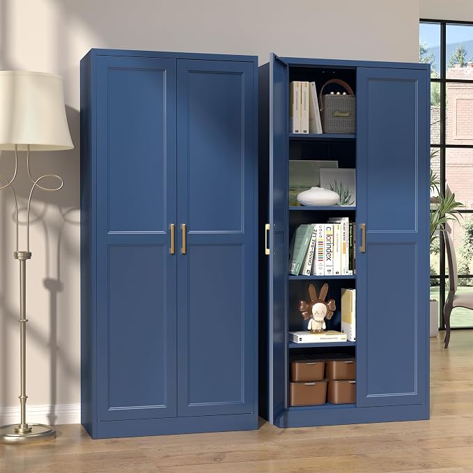 Steeloong 71"Metal Pantry Storage Cabinet with Doors & 4 Adjustable Shelves | Kitchen Pantry Cabinet,Blue Kitchen Cabinet with 2 Gold Handles,Tall Cabinet for Livingroom,Pantry, Bathroom,Kitchen,Garage