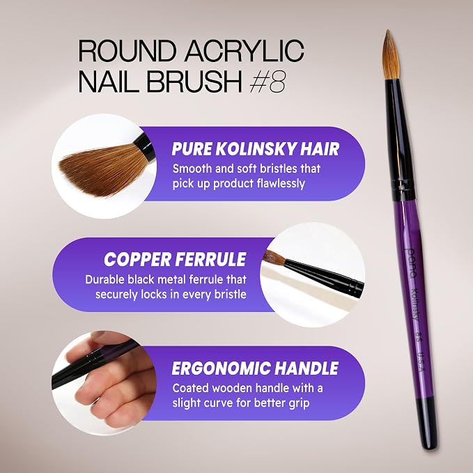Pana Purple Wood Kolinsky Acrylic Nail Brush (Size: 6, 8, 10, 12, 14, 16, 18, 20, & 22) Kolinsky Hair (Size 8)