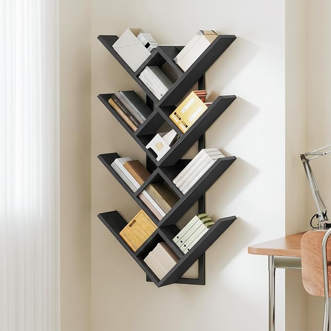 HOOBRO Floating Shelves for Wall, Set of 2 Wall Mounted Shelves, 2-Tier Wooden Tree Bookshelf, Hanging Shelves Storage Rack, for Living Room, Kitchen, Office, Black BB54BJP201