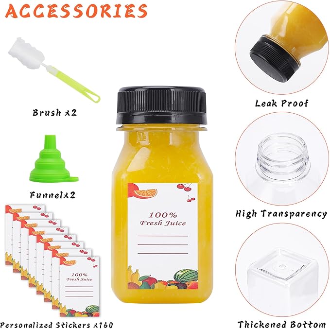 OBKJJ Plastic Juice Bottles 150 pcs 4 oz Empty Plastic Water Bottles with Caps Reusable Clear Beverage Containers for Drinking, Juicing, Smoothie, Water with 2 Brushes, 2 Funnels, 160 Stickers (4 OZ)