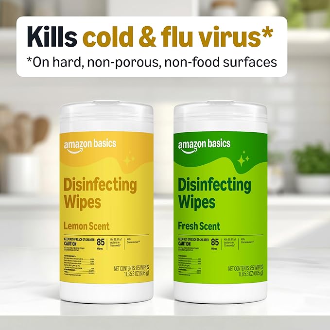 Amazon Basics Disinfecting Wipes, Lemon & Fresh Scent, Sanitizes, Cleans, Disinfects, Deodorizes, 340 Count (4 Packs of 85), Packaging May Vary