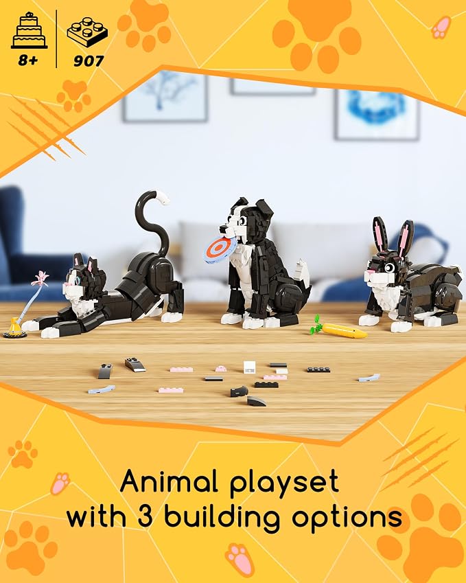 3-in-1 Tuxedo Cat Building Set, Build a Cat, Dog or Rabbit, Creative Building Toy for Kids & Animal Lovers, Birthday Gift for Girls and Boys Ages 8+