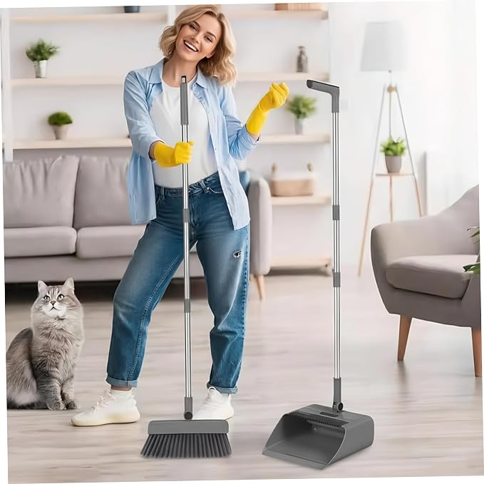 Broom Dustpan with Long Handle, 3-in-1 90° Stand up Heavy Duty Dust Pan and Broom Set 180° Rotation for Indoor & Outdoor Sweeping Home..