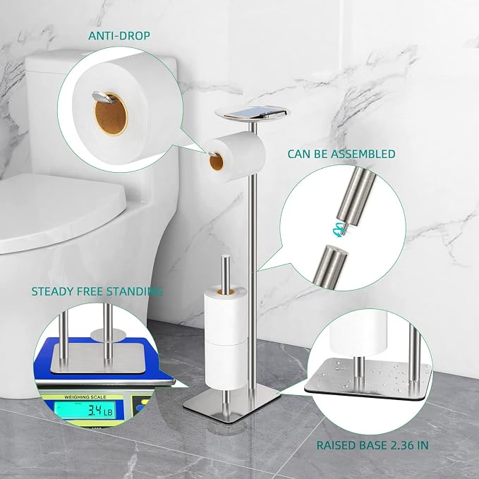 FEILERN Toilet Paper Holder Stand for Bathroom Floor Standing Toilet Roll Dispenser Storages 4 Reserve Rolls, with Top Storage Shelf for Cell Phones, Wipe, Wallet and More(Brush Nickel)