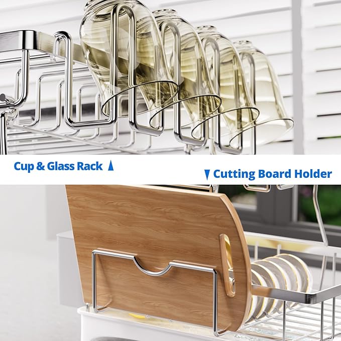 Godboat 2-Tier Dish Drying Rack - 304 Stainless Steel Dish Rack Auto Drain | Dish Racks for Kitchen Counter, Dish Drainer with Knife Fork & Cup Rack, Gifts for Women, Mothers Day, Kitchen Gadget, Silver