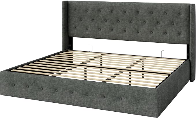 Allewie King Size Lift Up Storage Button-Tufted Bed Frame Dark Grey | Modern Wingback Headboard, Hydraulic Support Storage, No Box Spring Needed
