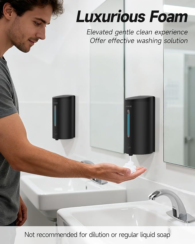 AIKE Automatic Foaming Soap Dispenser 25oz for Bathroom,Matteblack AK1205FA | Rich Foam and Stainless Steel,No-drill and Screw Wall Mount,5-Level Adjustable and Key for Commercial(Batteries Not Included)