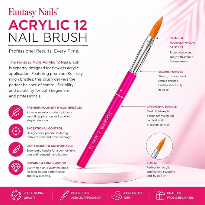 Fantasy Nails Acrylic Nail Brush #12, Kolinsky Hair, Aluminum Handle, Pink for Professional Nail Artist and Nail Enthusiastic