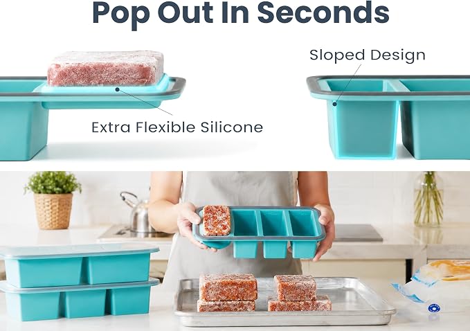 Silicone Freezer Trays with Lids, 0.6, 1, 1.4 & 2 Cup, 4-Pack | Food Grade Silicone, BPA-Free, 4 Size Portion Trays with Reinforced Alloy Frame, Stackable & Dishwasher Safe
