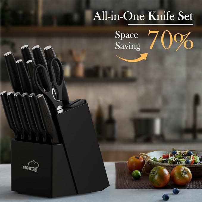 Knife Set, 15 Pieces Kitchen Knife Set with Block Built in Sharpener, Dishwasher Safe, German Stainless Steel Knife Block Set, Elegant Black