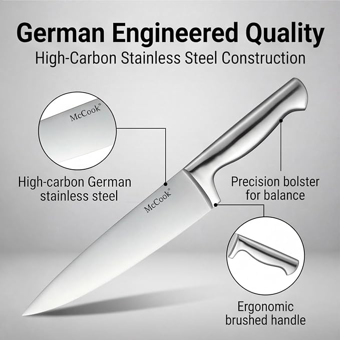 McCook Knife Set Kitchen Steel Knife Block Set w Built-in Sharpener | German Forged Stainless Steel, 20 PC,Razor Sharp, Anti-Rust,Restaurant Grade,Ergonomic Handles,Full Tang,Gift Box