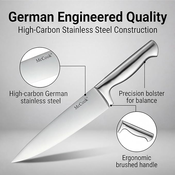McCook Knife Set Sharp Kitchen Knife Block Set w Built-in Sharpener | German Forged Stainless Steel, 20 PC,Razor Sharp,Anti-Rust,Restaurant Grade,Ergonomic Handle,Full Tang, Gift Box