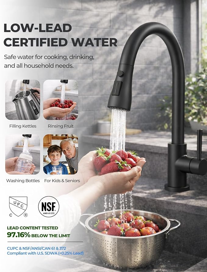 WEWE Pull-Down Kitchen Faucet, 1-Hole for Commercial, Laundry, RV Sinks | 20" Pull-Out Hose Gives Flexible Coverage, 3 Spray Modes, Lead-Free SUS304 Stainless, Tool-Free Twist-Lock