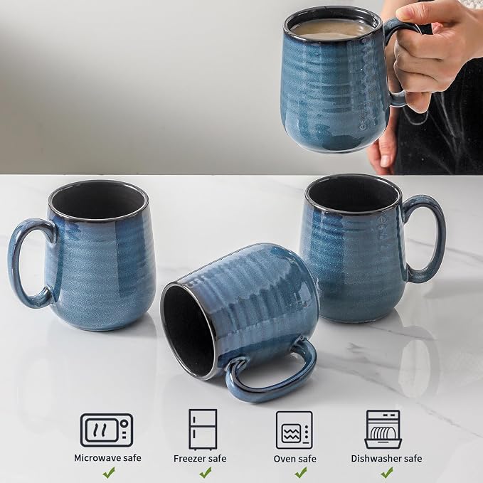 HASENSE Coffee Mugs Set of 4, 12 Ounce Ceramic Coffee Cups with Handle, Large Mug Set for Latte, Tea, Chocolate, Modern Cup Gift for Men and women, Dishwasher & Microwave Safe(Blue)