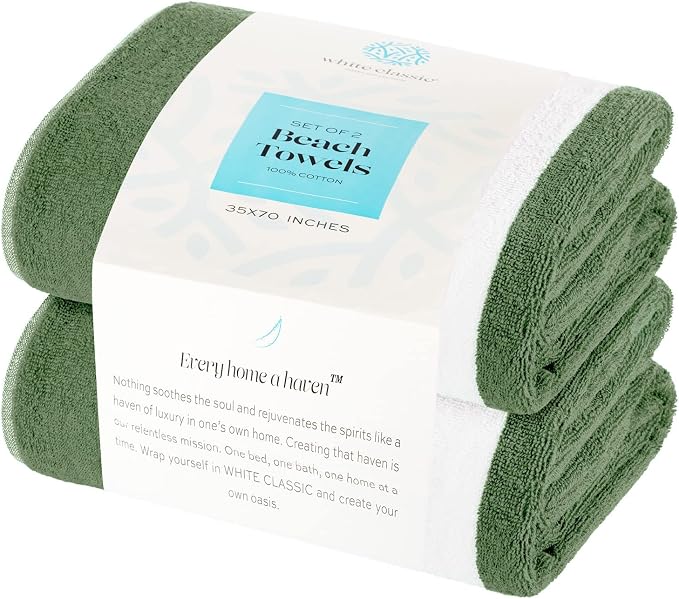 White Classic Beach Towels Oversized Cabana Stripe Cotton Bath Towel Large - Luxury Plush Thick Hotel Swim Pool Towels for Adults Super Absorbent Quick Dry - 35x70 Khaki Green [2 Pack]