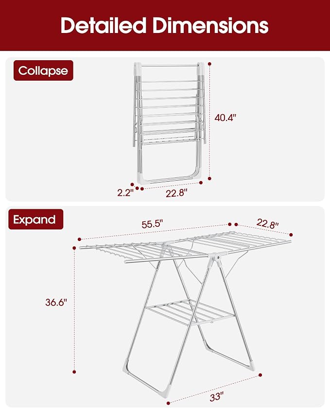 Sakugi Clothes Drying Rack with Height-Adjustable Wings, Metal Foldable Laundry Dryer Stand for Clothing & Bedding, Free-Standing Collapsible for Indoor & Outdoor Use, 55.5" L × 22.8" W, Silver White
