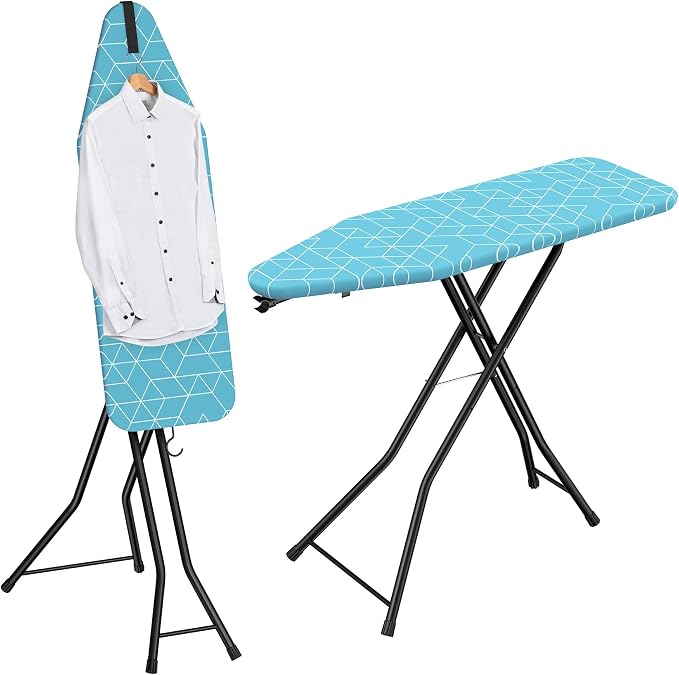 LyriFine Ironing Board, 2-in-1 Ironing and Steaming Board, 14″ x 43″ | Sturdy Steel Frame Iron Board with Non-Slip Feet, Heat Resistant Cover Iron Board, Foldable Ironing Board with Hook, Green