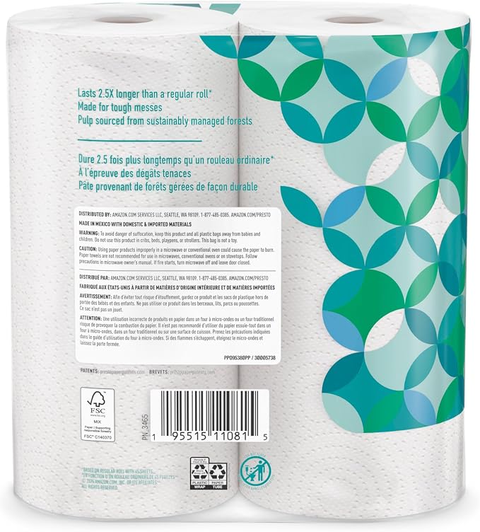 Amazon Brand - Presto! Flex-a-Size Kitchen Paper Towels, Strong and Absorbent, 128 Sheet Family Roll, 16 Rolls (8 Packs of 2)