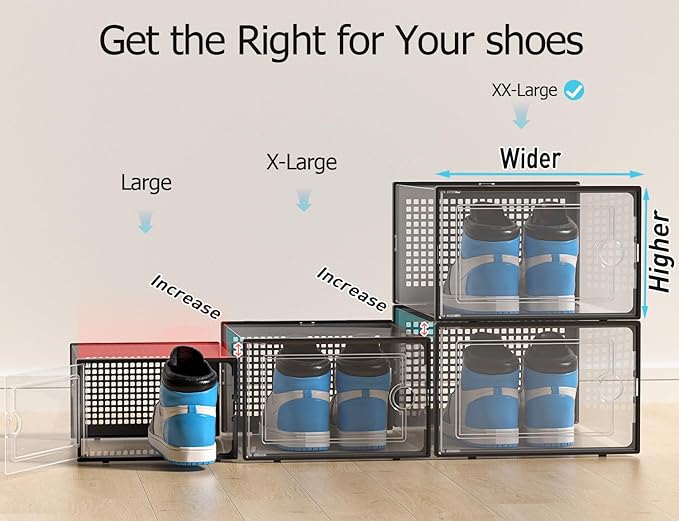 Kuject XX-Large Shoe Storage Boxes Organizers Clear Plastic Stackable 12 Pack, Shoe Rack & Holder Substitute, Sneaker Containers, Shoe Storage Organizer Bins for Closet, Under Bed, Black(No Fold Line)