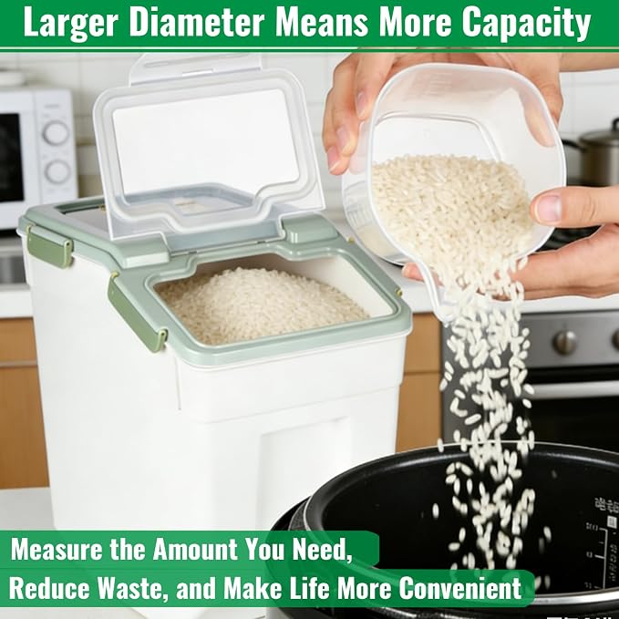 Rice Container 25 lbs Large Bulk Flour Sugar Storage Holdhouse Plastic Grain Cereal Dry Goods Bin with Spoon and Measuring Cup for Kitchen Pantry Organization - Green