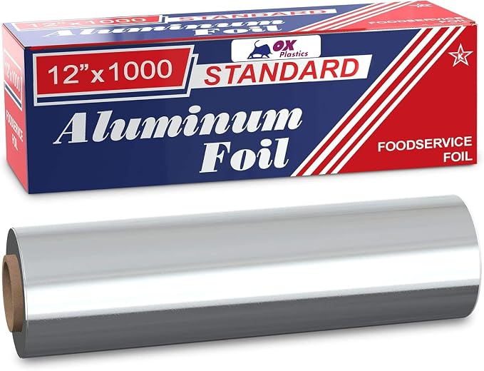Ox Plastics Standard Premium Aluminum Foil | 12”x1000 Feet Long | Industrial Size and Strength | Commercial Grade & Length Foil Wrap for Food Service Industry and Home Use| Strong Silver (1 Pack)