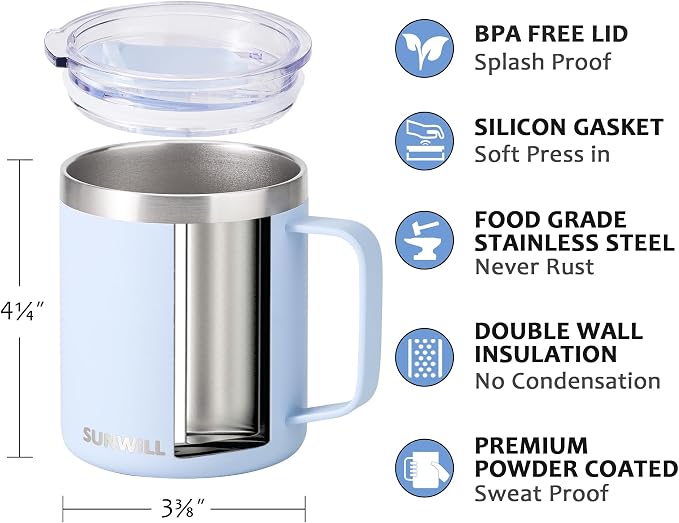 SUNWILL Travel Coffee Mugs Set of 4, Insulated Tumbler with Lid, 14 oz Stainless Steel Cup with Handle Bulk for Gift, Camping, Office, Powder Coated Orchid, Iceberg, Mint, Sakura