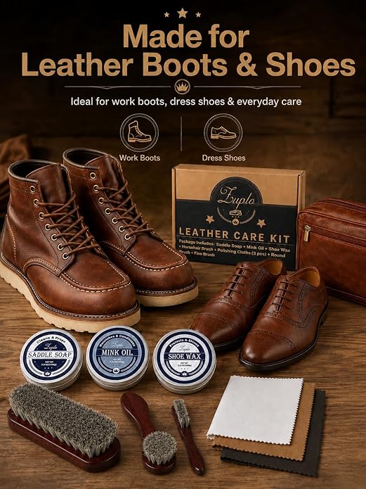 Leather Care Kit, 3.53 oz Saddle Soap, Mink Oil & Neutral Shoe Wax, Shoe Shine Kit with 3 Brushes, 3 Cloths & Bag