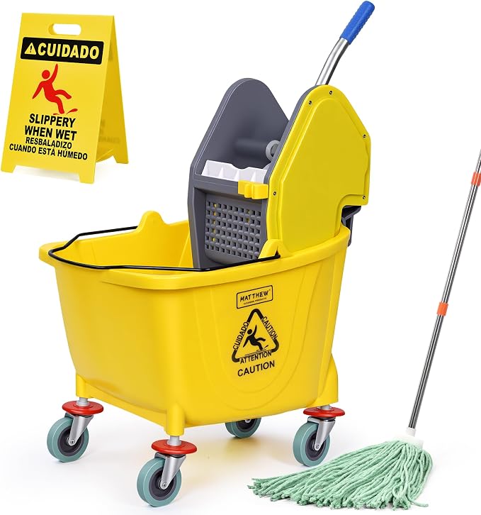 MATTHEW CLEANING 34Quarts Commercial Mop Bucket INCL.Wet String Mop with Down Press Wringer On Wheels,Industrial Heavy-Duty Floor Cleaning w/Handle, Mop Bucket for Home,Offices,Commercial, Restaurants