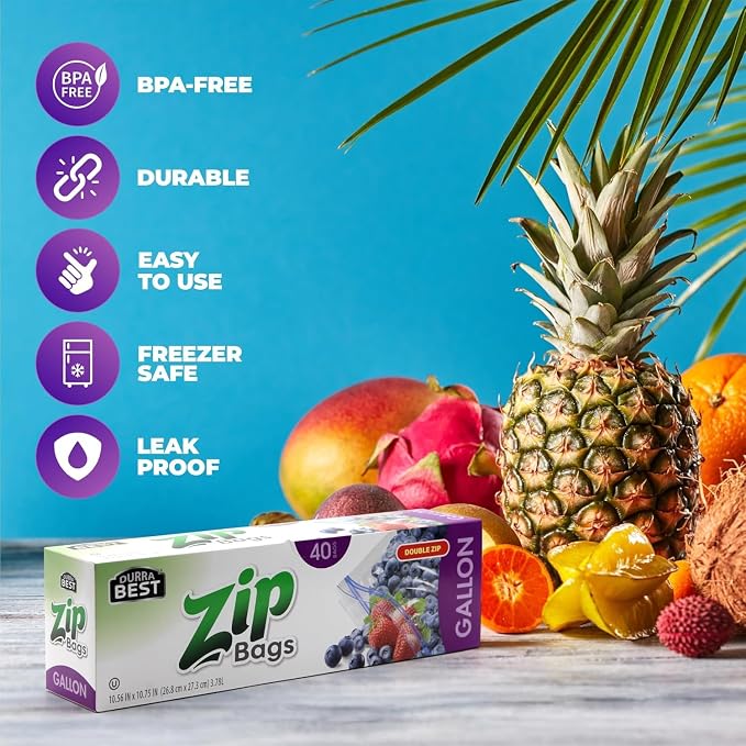 1 Gallon Storage Zip Bags - 80 Count | Large Resealable Freezer & Food Storage Bags | Leak-Resistant BPA-Free Durable Zip Seal for Meal Prep, Bulk Food & Kitchen Organization | DURRA BEST