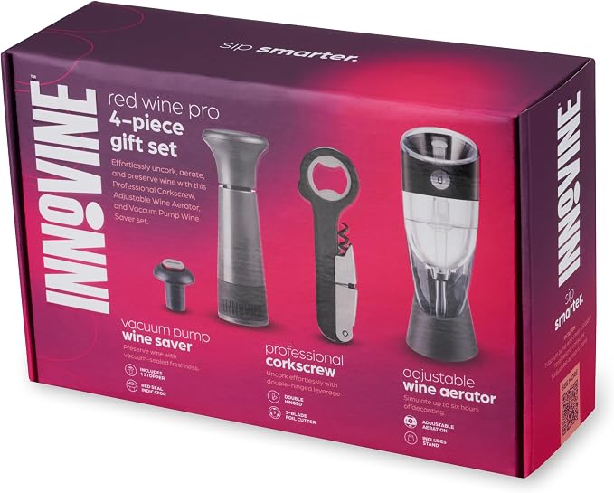 Innovine Red Wine Pro 4-Piece Wine Tool Gift Set – Adjustable Wine Aerator with Stand, Double-Hinged Corkscrew & Vacuum Wine Saver with Stopper – Complete Red Wine Opening, Aeration & Preservation Kit