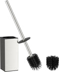 FORIOUS Toilet Brush and Holder Set, SUS304 Stainless Steel Square Base, Extended Long Handle, Drip-Proof & Space Saving, 2 Replaceable Brush Heads, Plastic & Silicone Dual Brush Head, Brushed Nickel