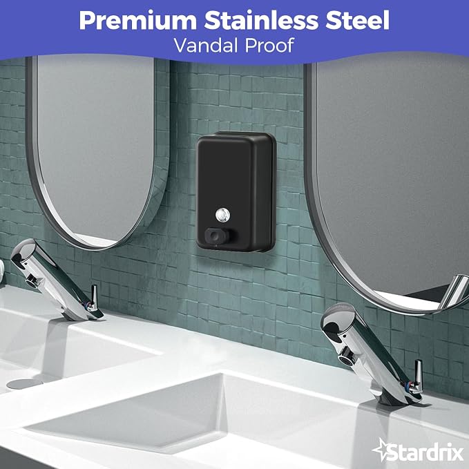 Stardrix Matte Black Stainless Steel Vertical 1100ml/37oz Capacity Commercial-Grade Soap Dispenser, Wall-Mounted Bathroom Hand Soap Dispenser with Corrosion-Proof Lining and Anti-Leak Pump