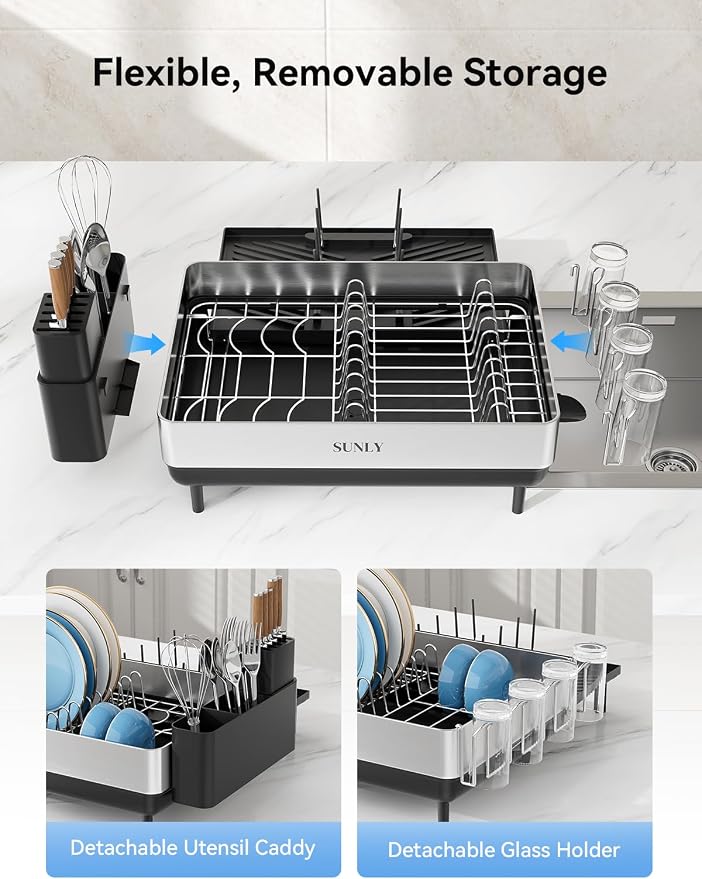 Large Dish Drying Rack, Expandable Dish Rack for Kitchen Counter, 304 Stainless Steel Space Saving Dish Drainer with Multifunctional Flip Up Pegs